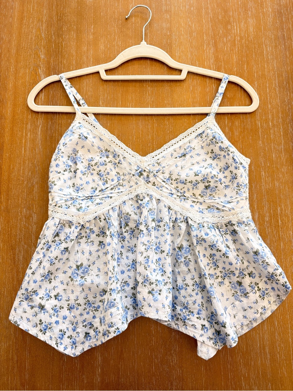 Hollister Cream and Blue Floral Lace-Trim Cami